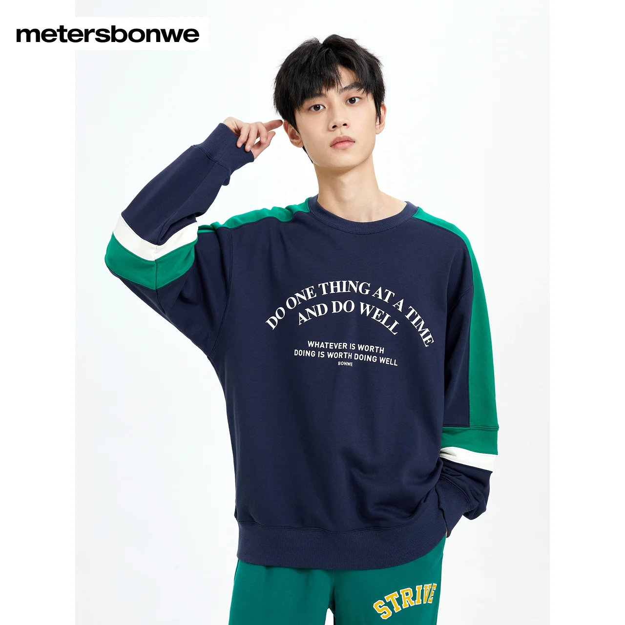 

Metersbonwe-Men's Retro Color Clash Crewneck Loose Pullover Trendy Printed Sweatshirt College Sports Hoodie Spring Autumn