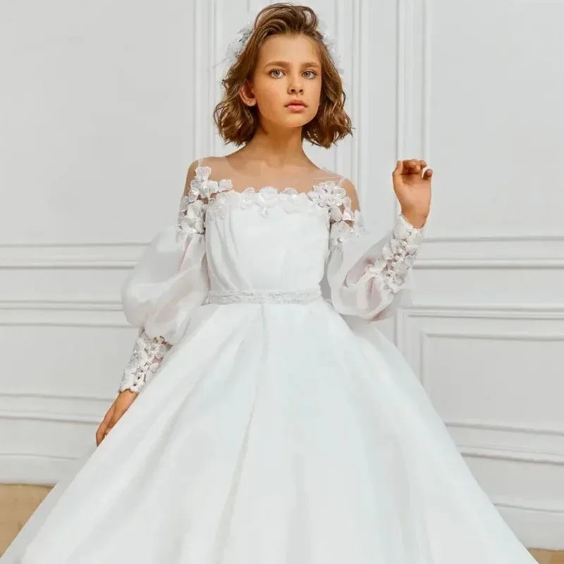 

White Flower Girl Dresses Pageant Gown for Wedding Lace Appliques Floor Length Birthday Party First Communion Gowns Customized