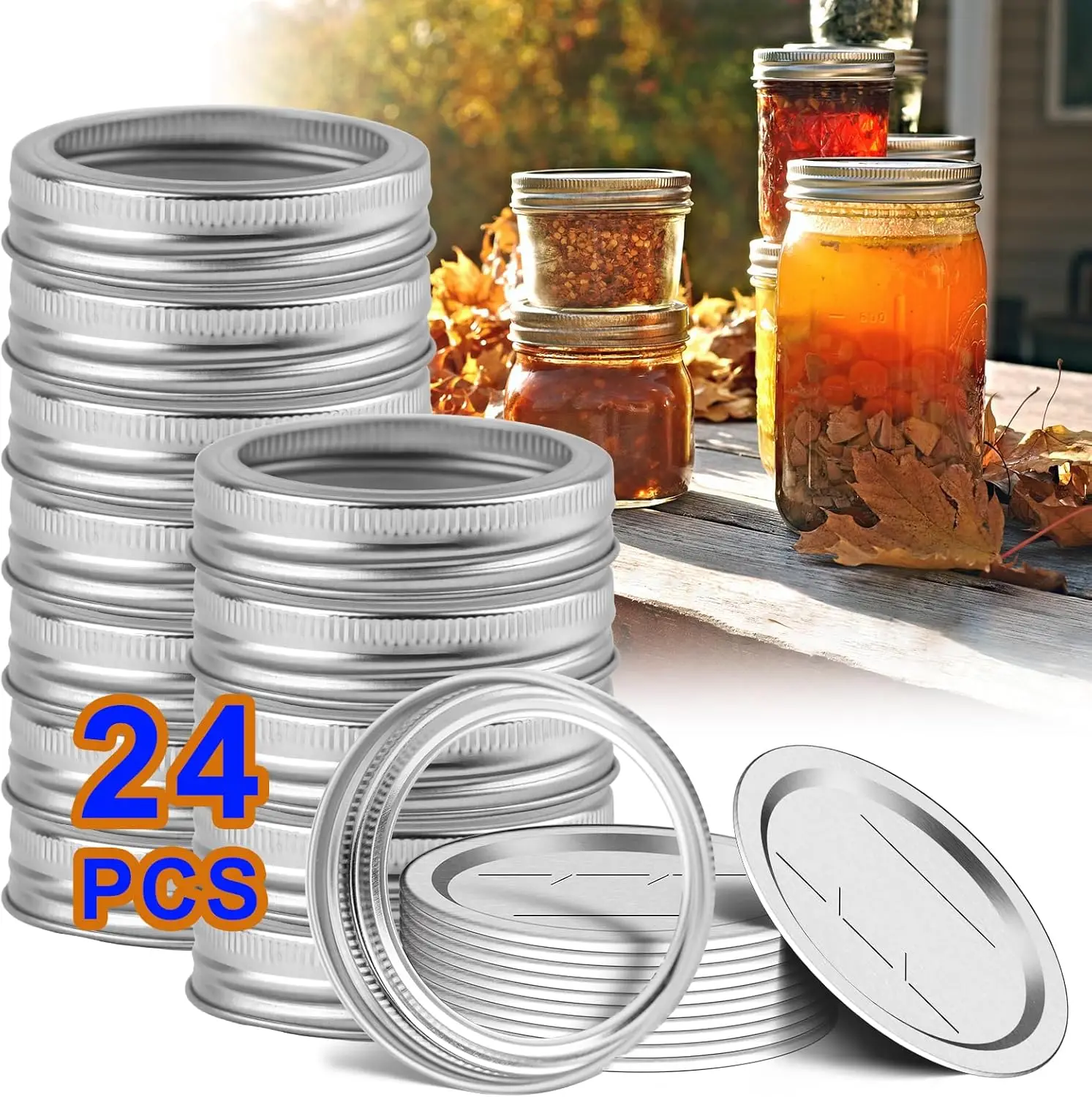 24 Tapas para Frascos Mason, Tapas y Anillos de 70/86 mm para Frascos de Boca Regular, Tapas Reutilizables a Prueba de Fugas con Anillos de Sellado de Silicona