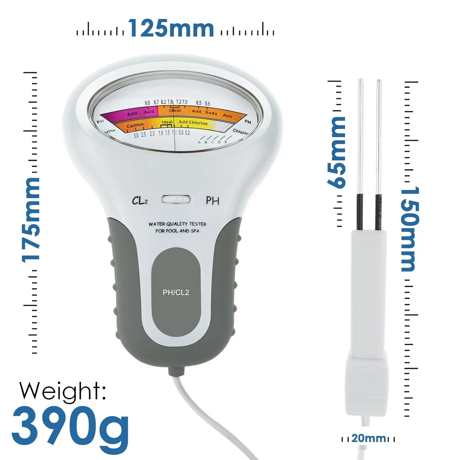 Professional PH Chlorine Cl2 Level Meter Tester with Probe for Swimming Pool Spa PH Chlorine Meter CL2 Measuring