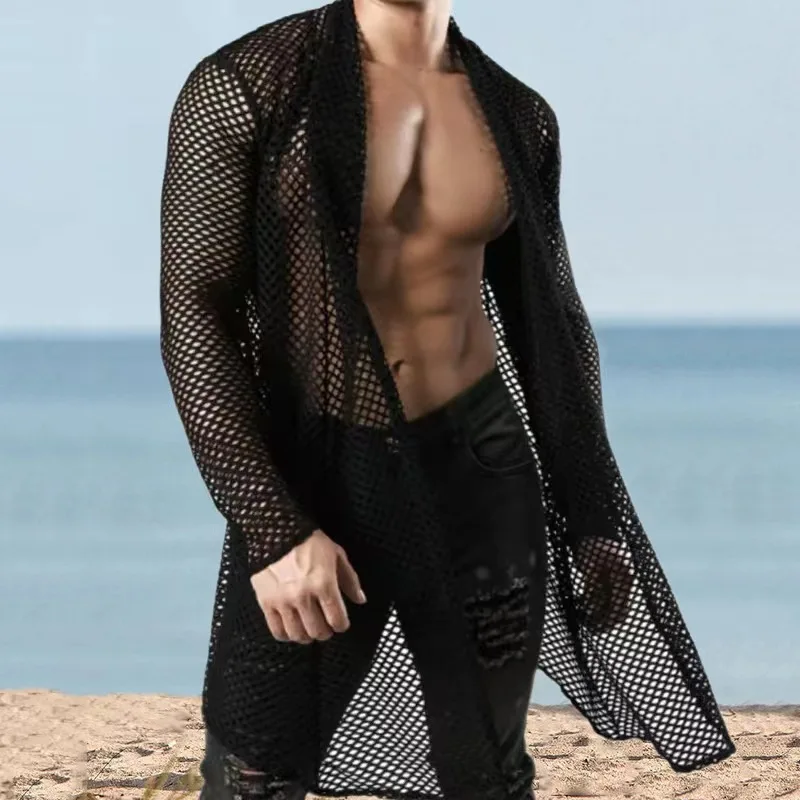 Black Sexy Men's Big Size Shawl Hollow Medium Long Cardigan Mesh See Through Long Sleeve Shirt Top Summer Jacket Mens Shirt New