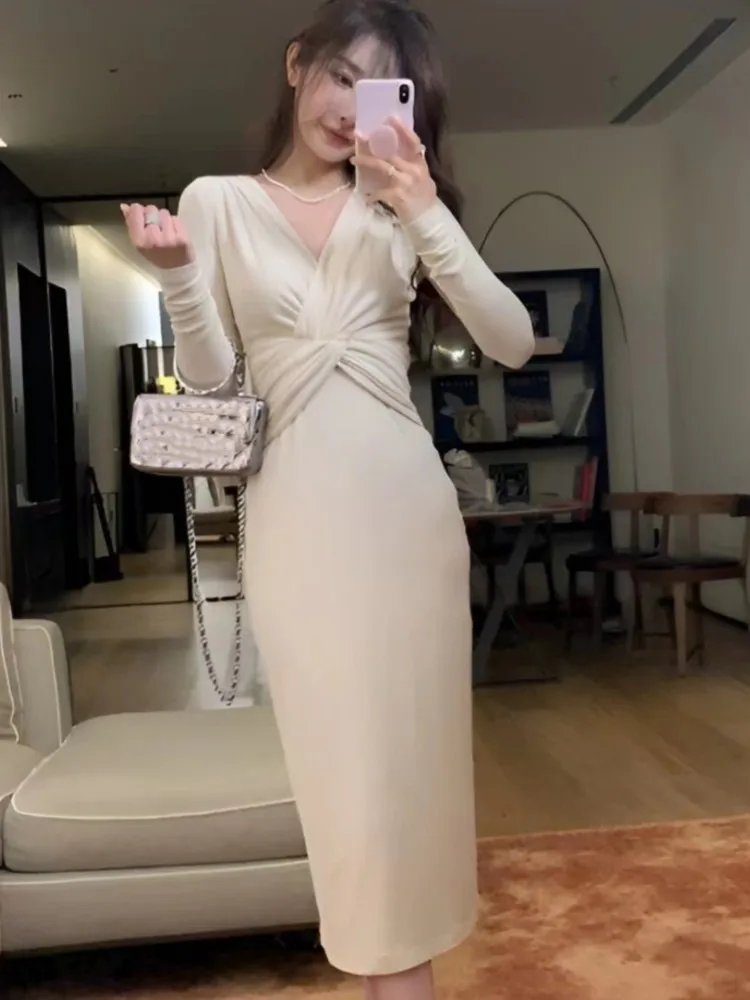 

Elegant Solid Knitted Dress Women Long Sleeve V-Neck Cross Design Autumn Winter Slim High-Waist Midi Dresses Mujer Vestidos New