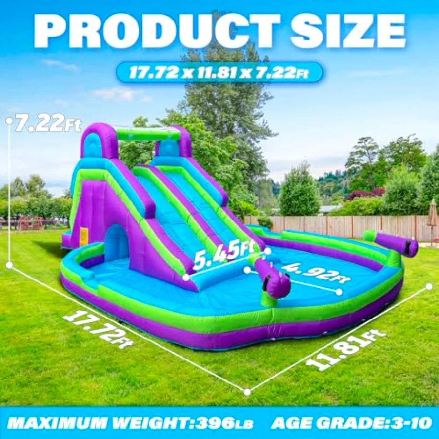 Inflatable Double Water Slide for outdoor play PVC material purple 17.7FT large climber with splash pool easy setup and inflati