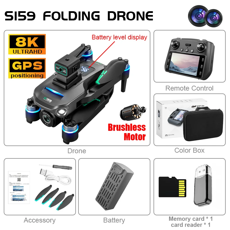 Professional S159 GPS Drone 8K HD Dual Camera With Screen 5G WIFI 360°Obstacle Avoidance Brushless Foldable Quadcopter Dron Toy