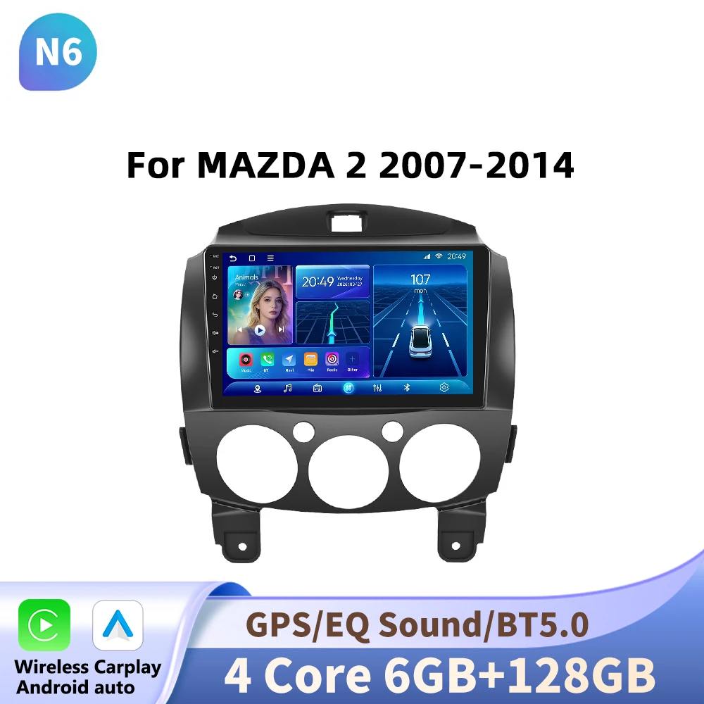 Podofo Android voor MAZDA 2 2007-2014, autoradio multimediaspeler met draadloze CarPlay en Android Auto, 2-din, geen DVD-speler.