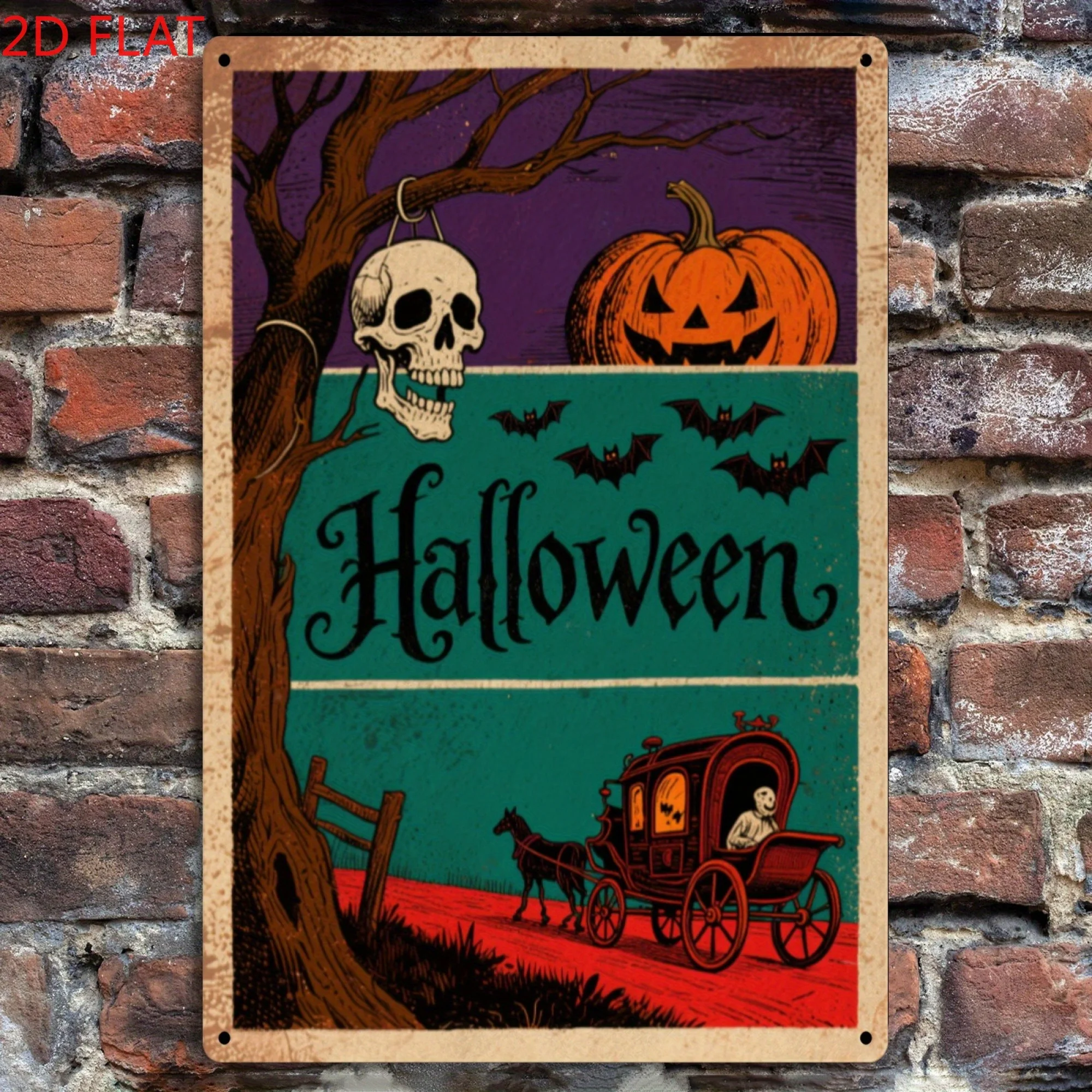 Halloween Metal Wall Decor Sign -  Iron Art with Skull, Bats, Pumpkins & Haunted House Design - Durable Indoor/Outdoor Decorati