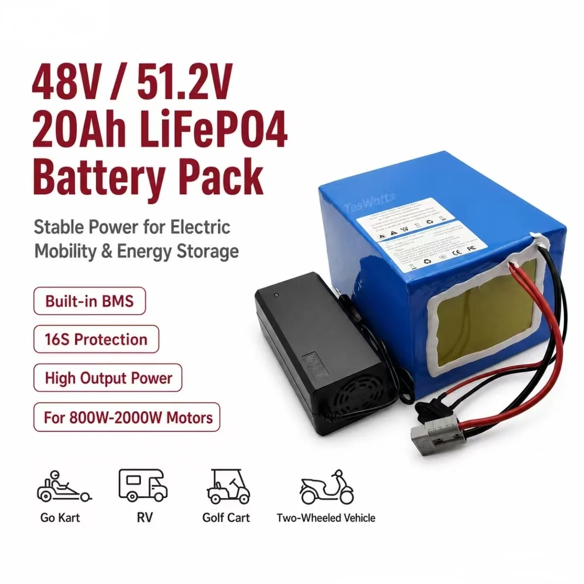 lithium 48v 20ah lifepo4 battery pack BMS 16s 51.2v 20Ah for 800W 1000W 1200W 2000w go cart RV,golf cart,two-wheeled vehicle