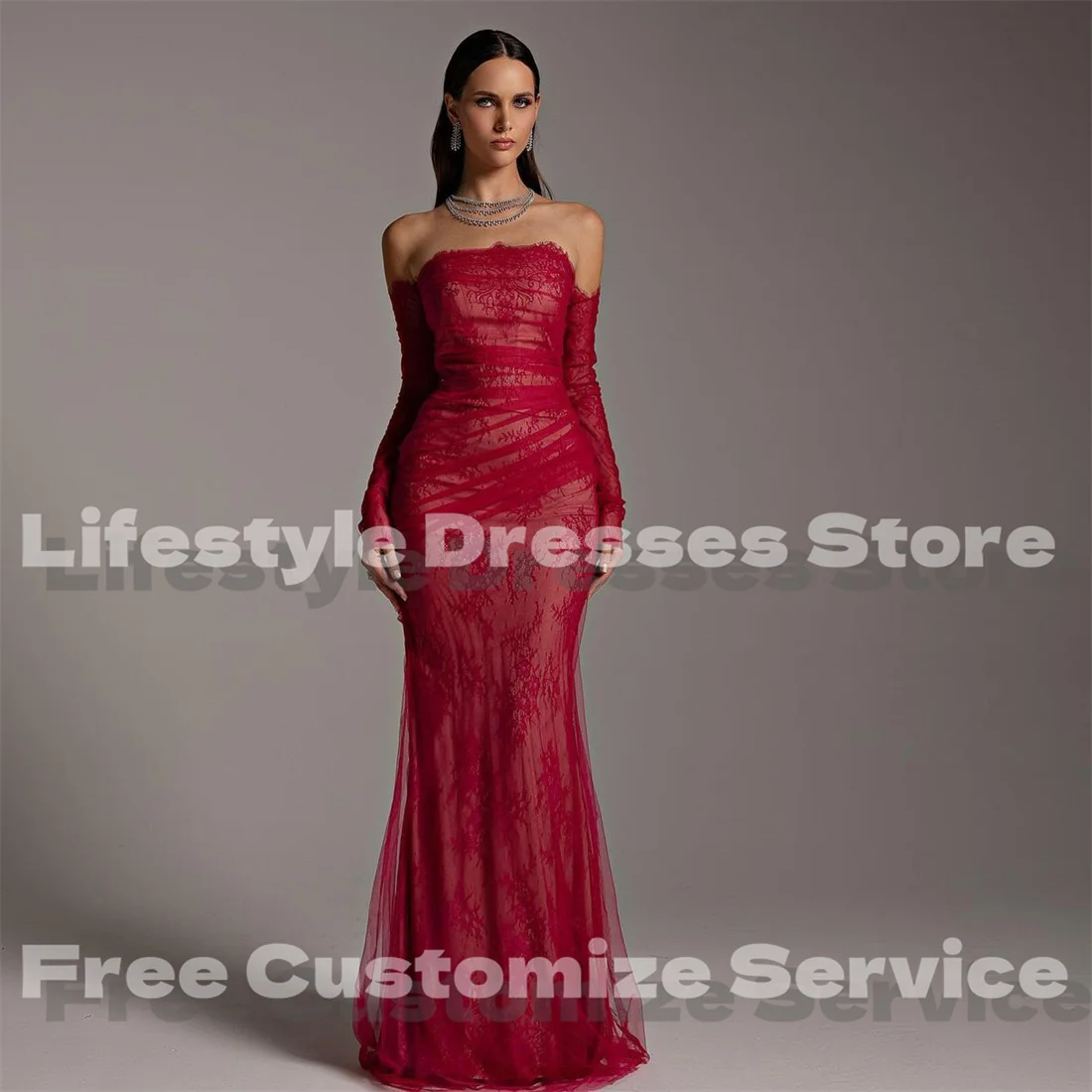 Vestidos de Noche elegantes de sirena de encaje personalizados, vestido de fiesta largo plisado de manga larga para ocasiones especiales, vestidos de fiesta