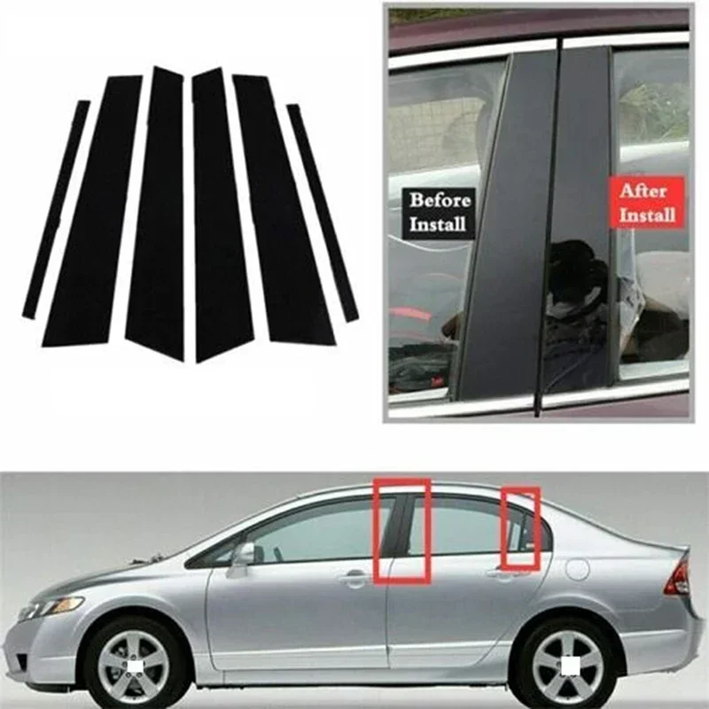 

6 шт. для Honda Civic Sedan 2006 2007-2011, оконная дверная колонка B C, накладка на стойку, глянцевая черная наклейка из ПК, аксессуары