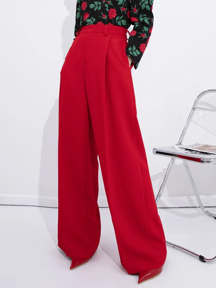 

Aksaya красные широкие брюки с высокой талией, женские модные брюки, весенне-осенние брюки высокого качества, повседневные брюки в стиле ретро