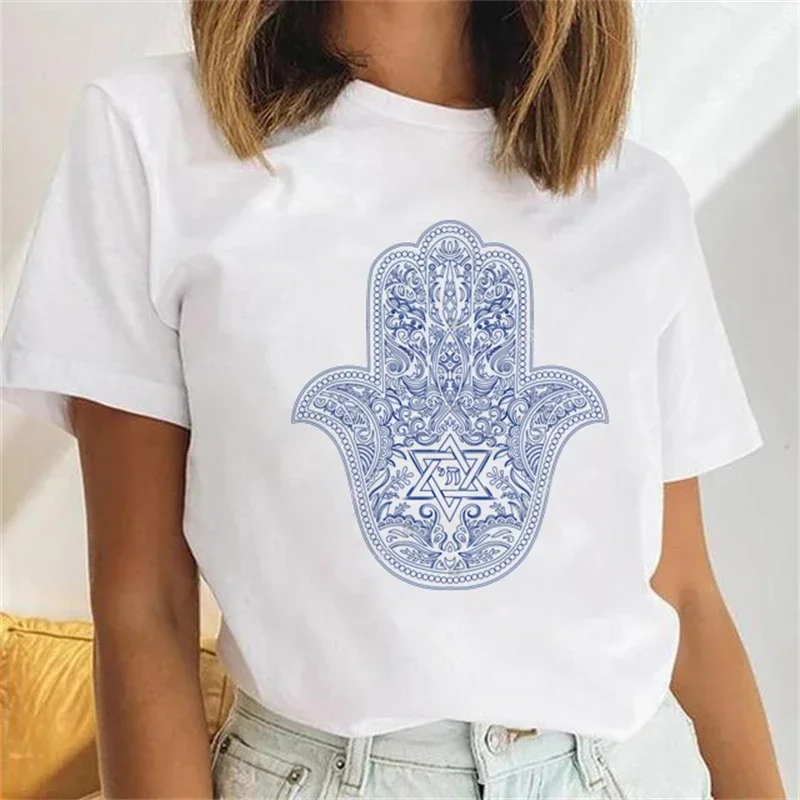 Camiseta de manga corta para mujer, ropa informal de la mano de Fátima de Hamsa, amuleto de tendencia de los años 90, camiseta blanca estampada con patrón de dibujos animados, novedad de verano