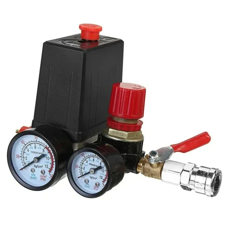 

Small Air Compressor Pressure Switch Control Valve Regulator with Instrument Fittings Pneumatic Attachments Fast Response 240V