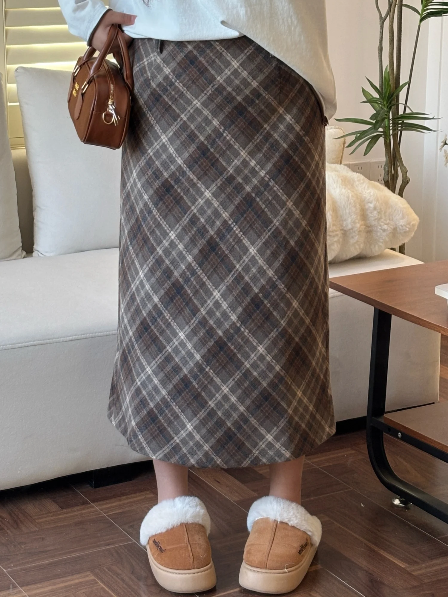 

Юбка в клетку с высокой талией для женщин больших размеров, повседневная, для фигуры типа «груша», стройнящая, осенне-зимняя, длинная, А-силуэт