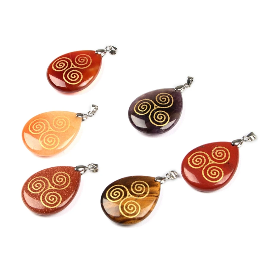 Natural Gemstone Engrave Triple Doctrine Spiral Reiki Symbol Pendant Necklace Amethyst Obsidian Agate Healing Stone Jewelry