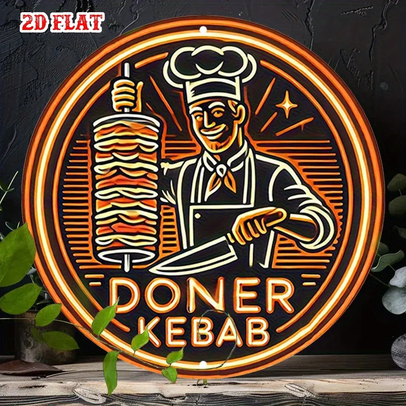 2D Flat, 1 Stück Döner Kebab Chef Illustration Rundes Aluminiumschild – 19,99 x 19,99 cm Neon-Stil Metallwanddekoration für Zuhause, Garage, ca