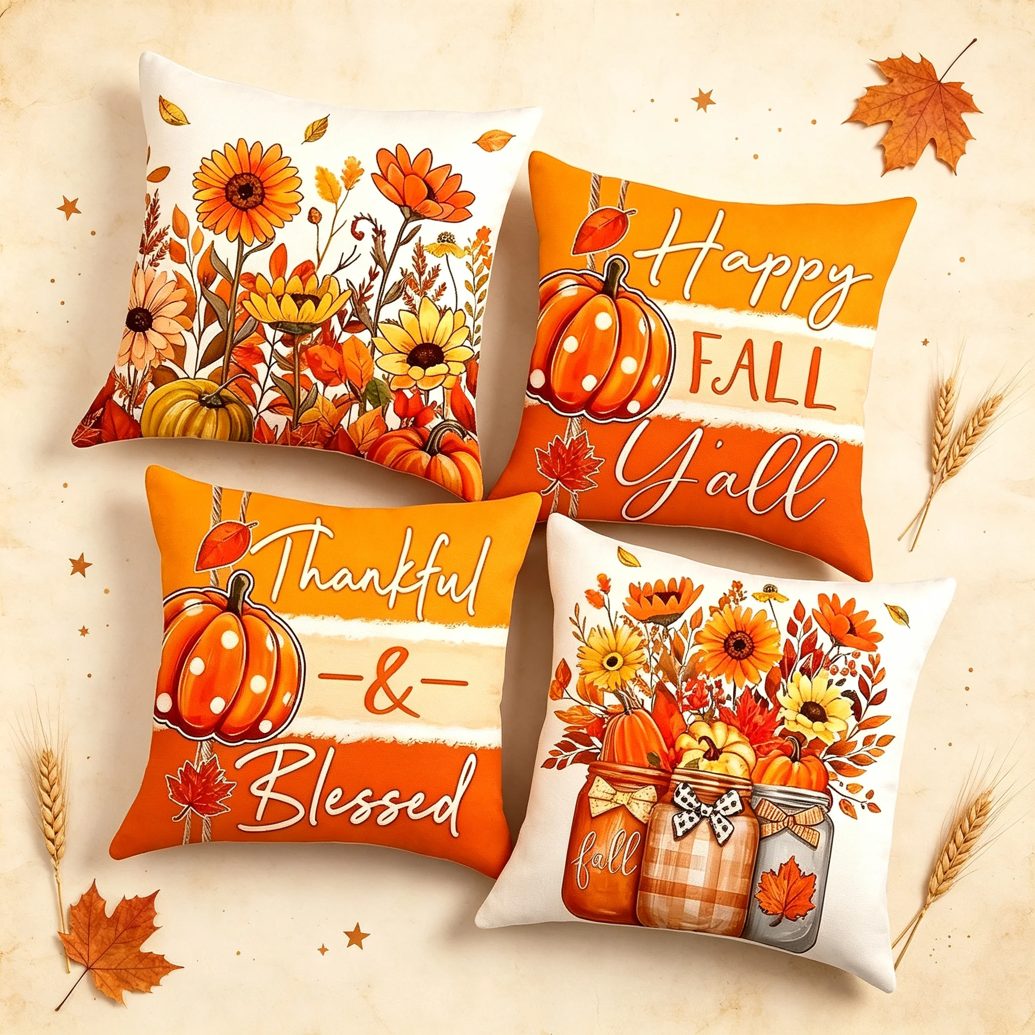 Fall Thanksgiving 2D Printed Pillow Cover Set Pumpkin Sunflower Jar Floral Thankful Blessed Design Soft Polyester Square Cushion