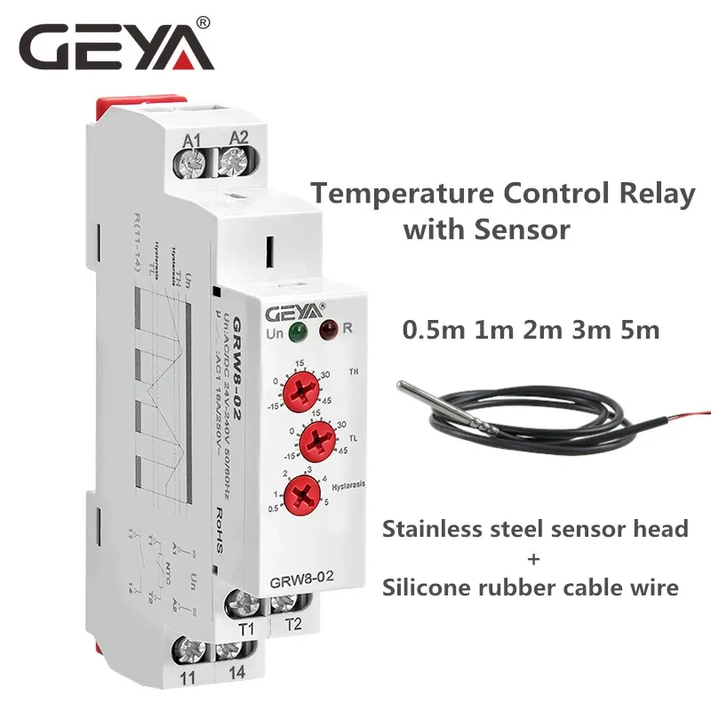 GEYA GRW8 Din Rail Temperature Control Relay 16A Wide Range Voltage AC/DC24-240V with Waterproof Sensor