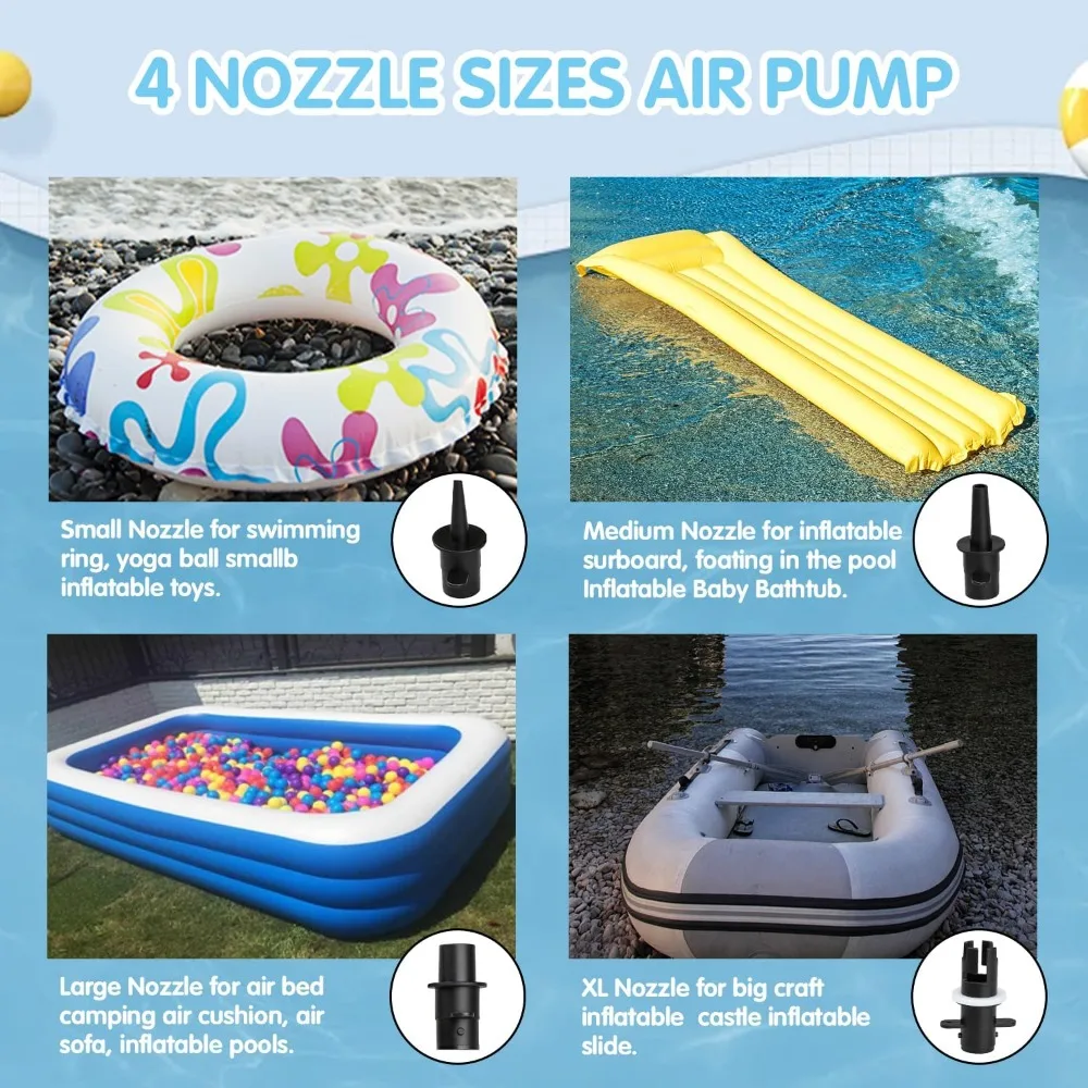 Electric Air Pump for Inflatable Pool Toys, Portable High Power Quick-Fill air Mattress, Boat, Raft, Inflator/Deflator with 4