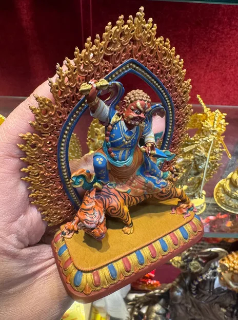 10CM Tibet Painted Wrathful Guru Rinpoche Dorje Drollo Buddha Copper Statue