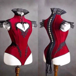 Wine Red Heart Cutout Strap Bodysuit Vintage Sexy High Neck Women Birthday Party Outfit Nightclub Bar Stage Performance Leotard