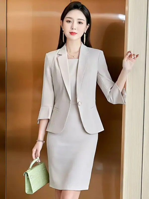 Elegante Conjunto Profesional de Dos Piezas, Talla Grande, Moda Otoñal, Estilo Coreano, Traje de Cintura Alta con Chaqueta y Vestido, Look de Diosa