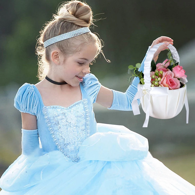 20 CM White Flower Girls Basket Silk Wedding Basket for Flower Bride/Kids Hand Held Wedding Ceremony Party Decorations