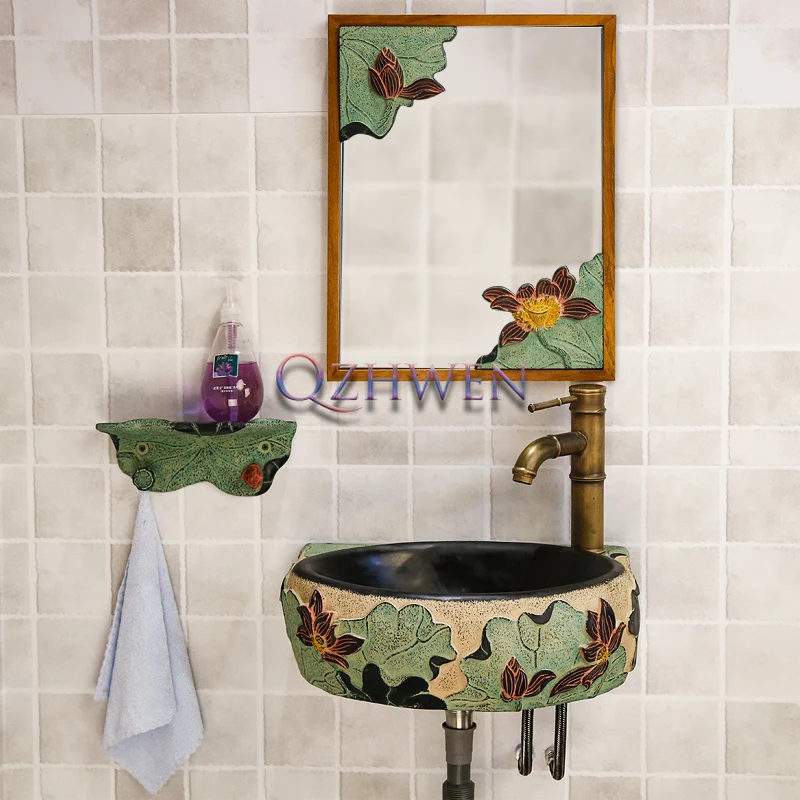 Creative Retro Lotus Ceramic Washbasin Corner Wall-mounted Bathroom Sink Small Apartment Triangular Countertop Hand Wash Basin