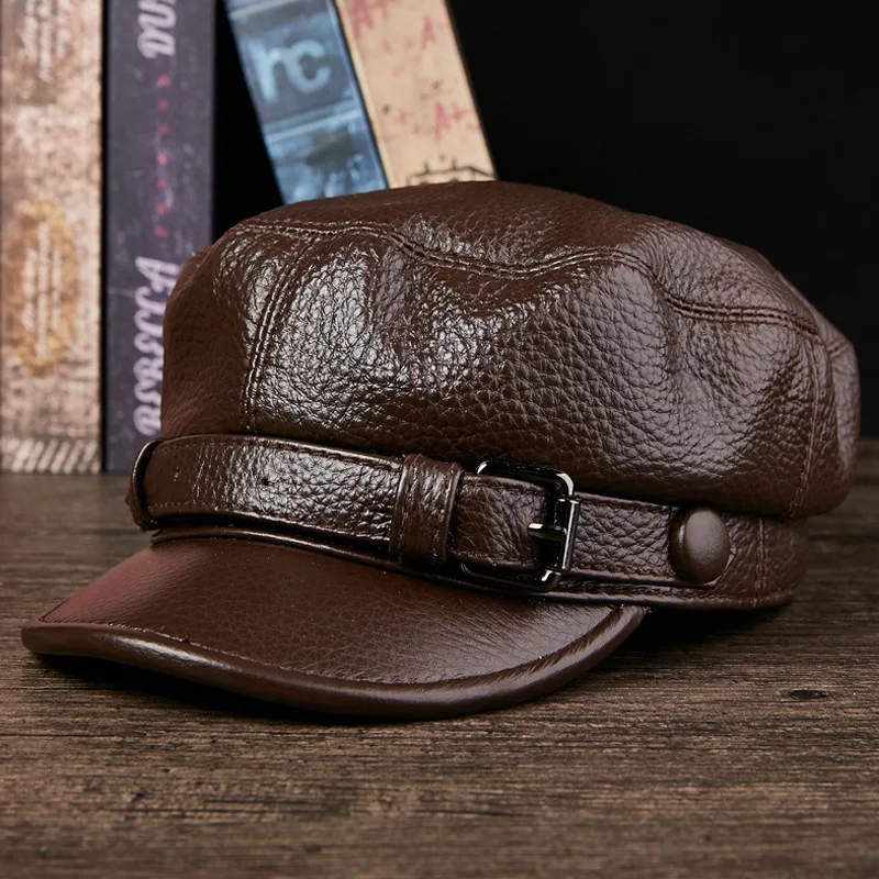 Autumn/Winter Korean Style Cowhide Leather Caps - Thin Flat - Top & Duckbill Hats for Middle - Aged Men, Youth & Students