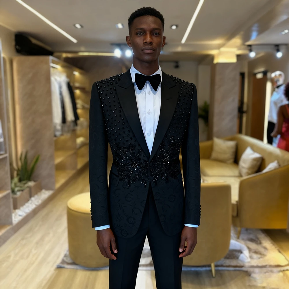Yimi Customized Elegant Beads Men Suits Slim Fit Peak Lapel Groom Tuxedos 2 Pieces Sets Male Blazer Casual Hombre Evening Jacket