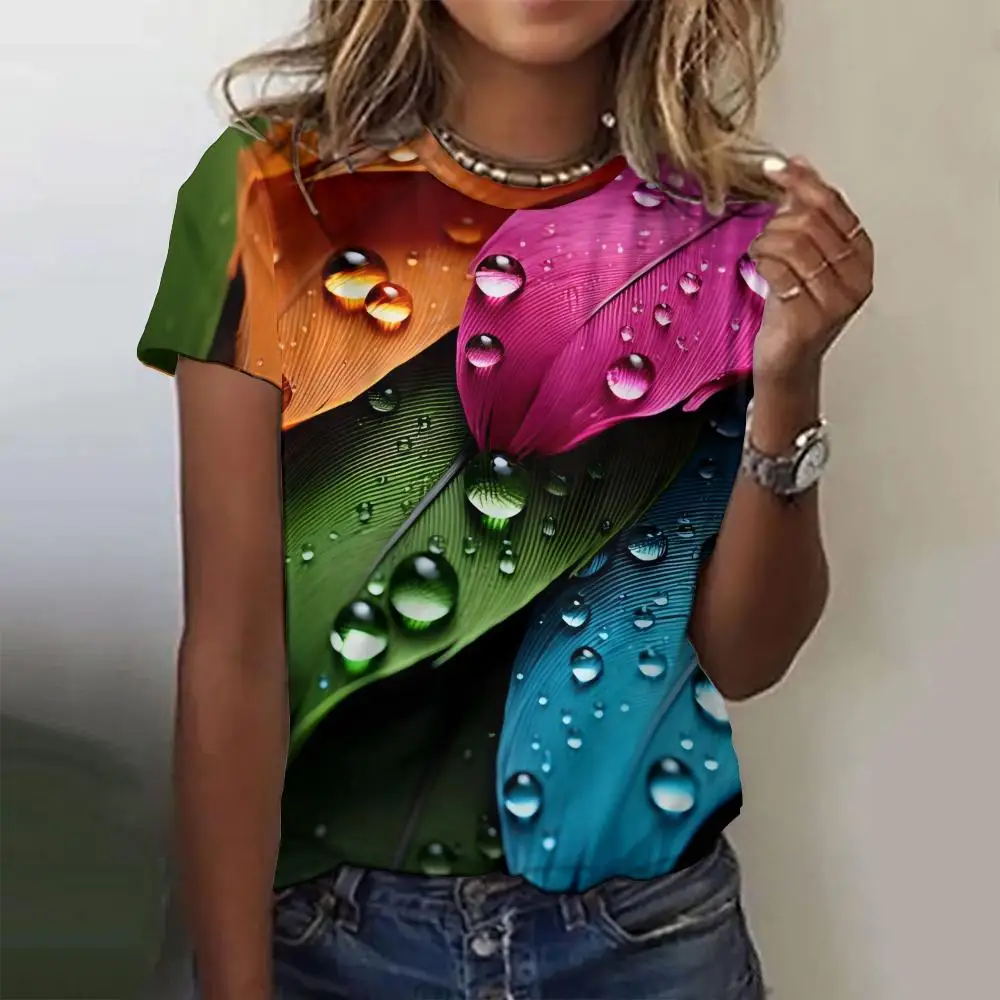 

Water Droplets Of Leaves Print Short Sleeves T shirt Summer Fashion Women's T-shirts 2024 Designer New Women Clothing Tops