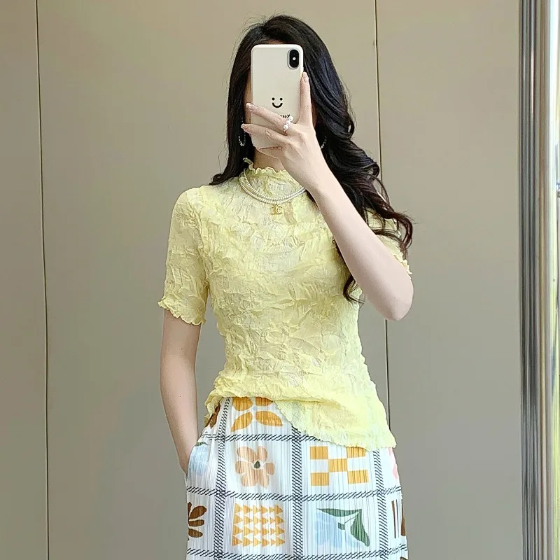  Pleated T-Shirt 2026 Summer New Handmade Half High Neck Short Sleeve Simple Casual Semi-Transparent Stretch Women's Top