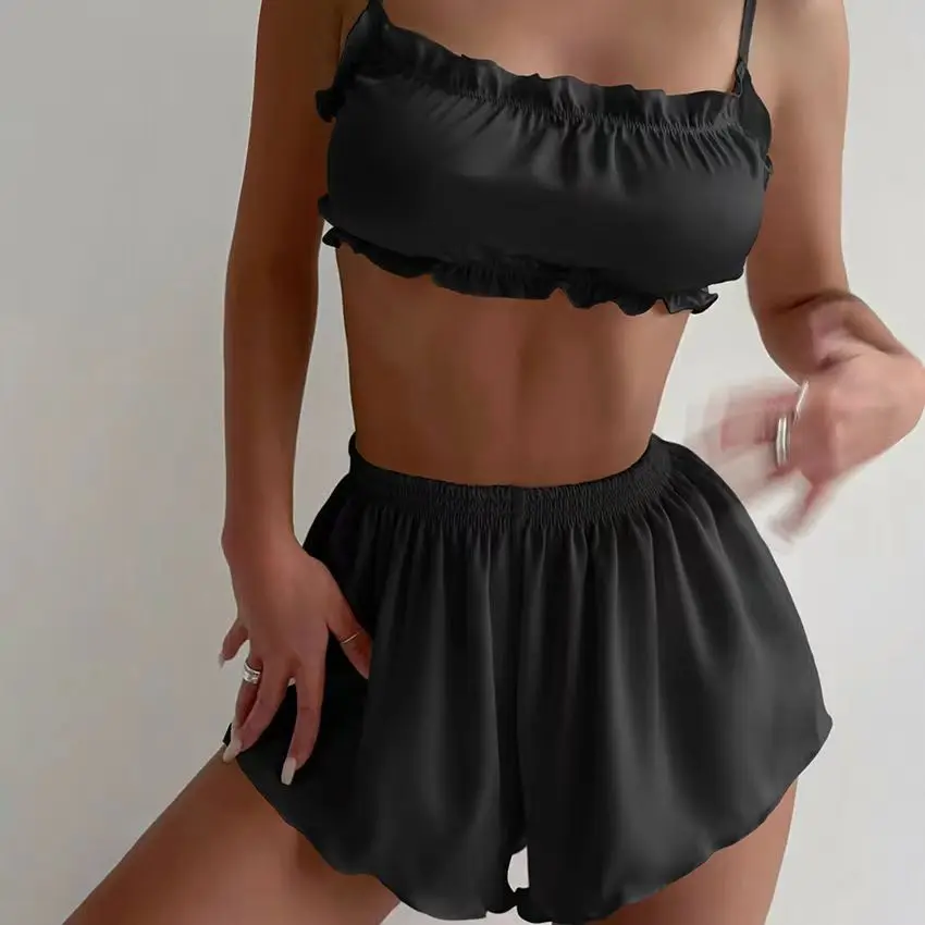 Women Pyjamas Suit Lace Up Nightie Sexy Crop Top Pajama Tank Tops Nightwear Set Shorts Summer Black Sexy Sleepwear 2024