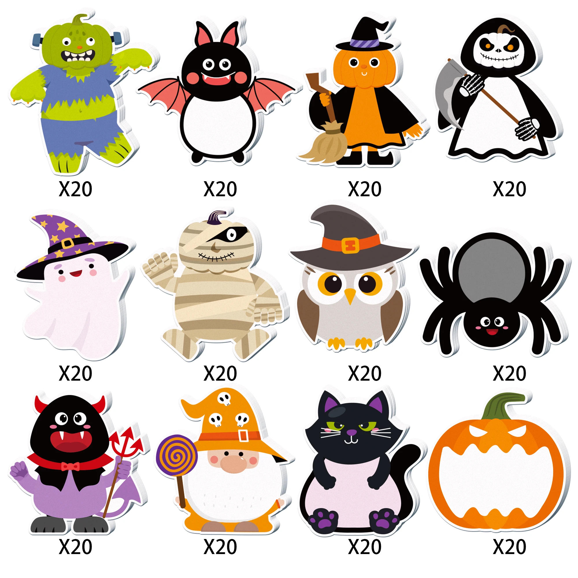 12pcs=240Pages Halloween Theme Memo Pads Set Sticky Notes Stationery Label Notepad Self-Adhesive Refrigerator Memo Book Supplies