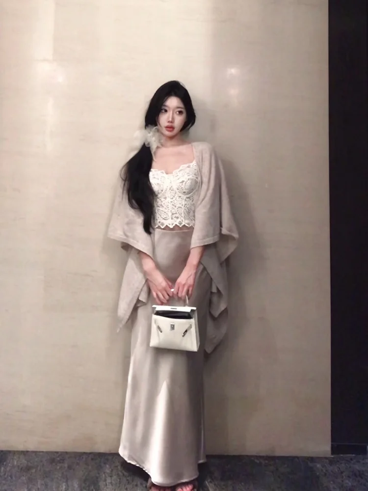 

Комплект Syj ujia: кардиган с кружевной отделкой и юбка А-силуэта с завышенной талией, корейский стиль, стройнящий модный ансамбль больших размеров