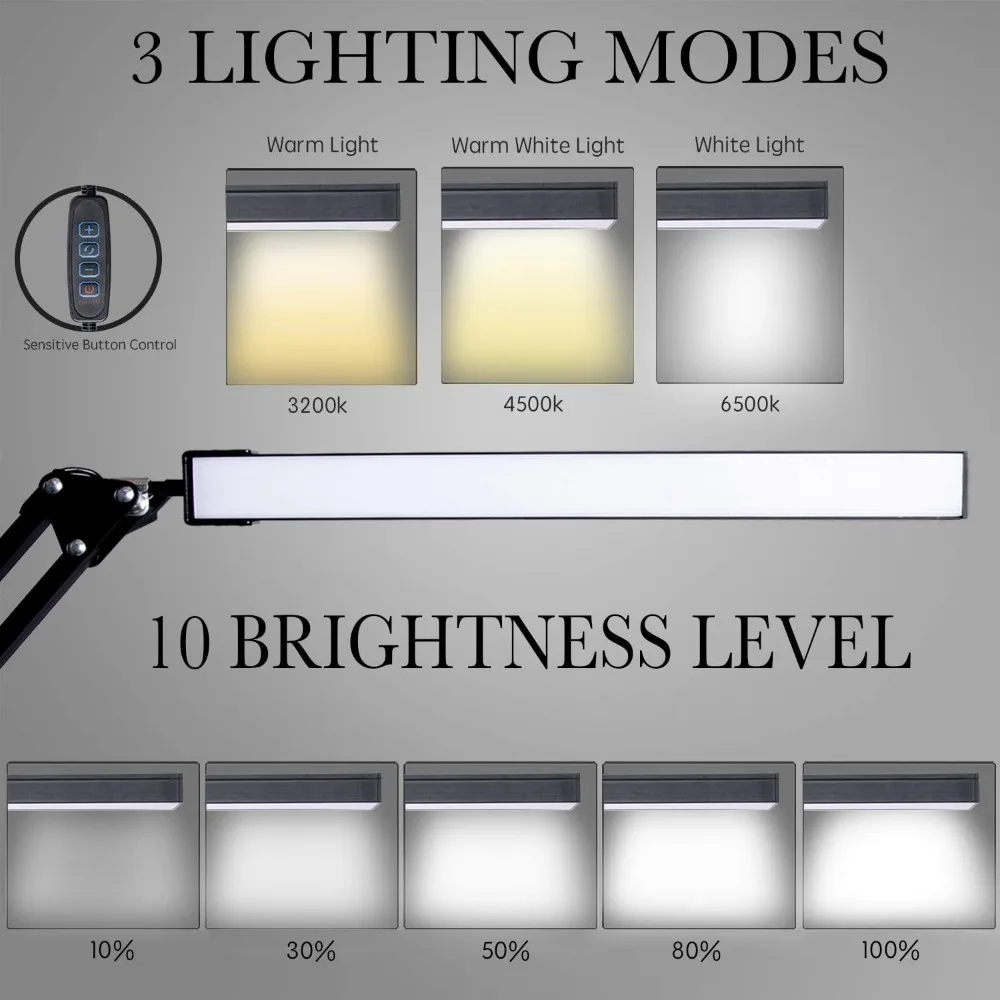 مصباح مكتب LED، مصباح ذراع متأرجح قابل للتعديل مع مشبك، ضوء قراءة للعناية بالعين، 10 مستويات سطوع، 3 أوضاع إضاءة، ذاكرة Fu