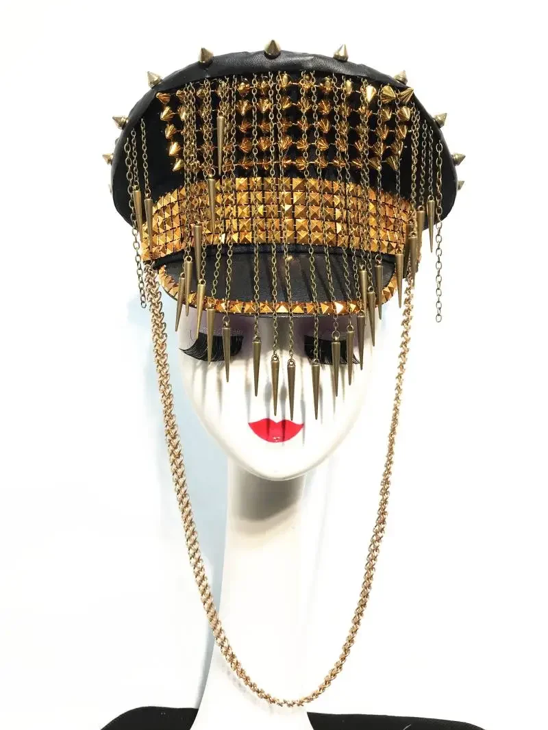 Military Hats Gold Silver River Beading Tassel Army Cap Women Singer Dancer Performance Accessories Bar Club Stage Headgear