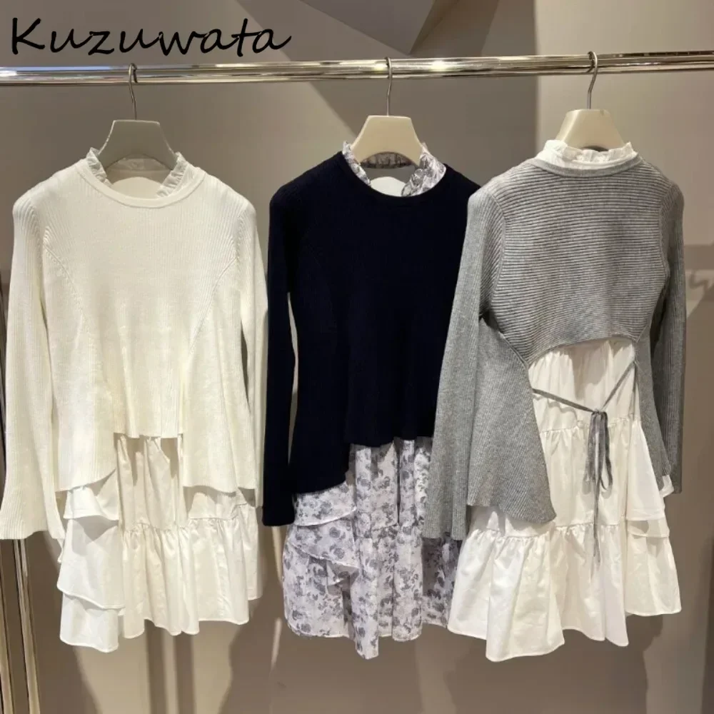 Kuzuwata Gentle O Neck Flare Sleeve High Waist Mujer Patchwork All-match Elegant Fresh Dress Japan New Irregular Cake Femme Robe