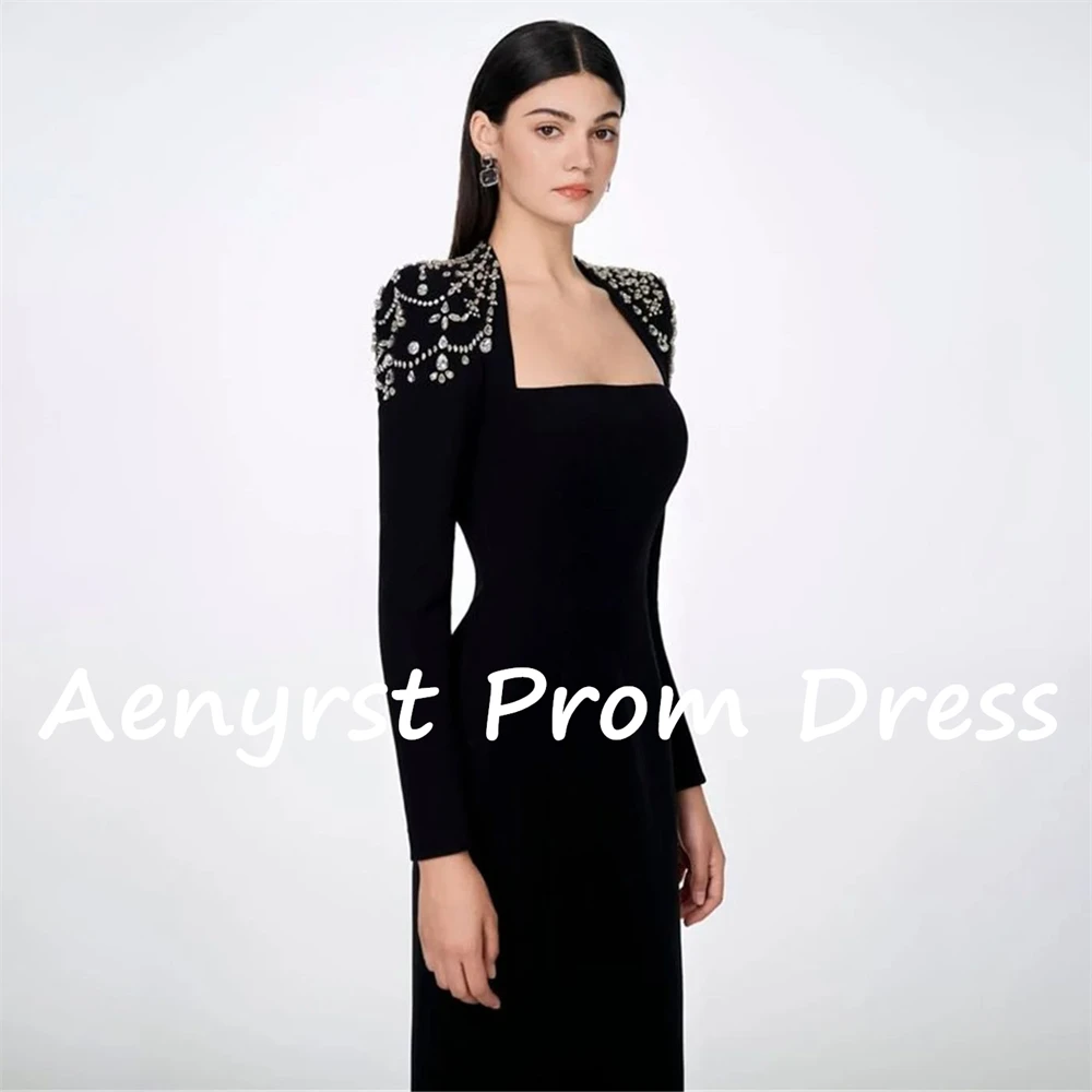 Aenyrst Long Sleeves customized Floor Length Prom Dresses Square-Neck Crystal Evening Gowns Elegant Wedding Party Formal Gowns