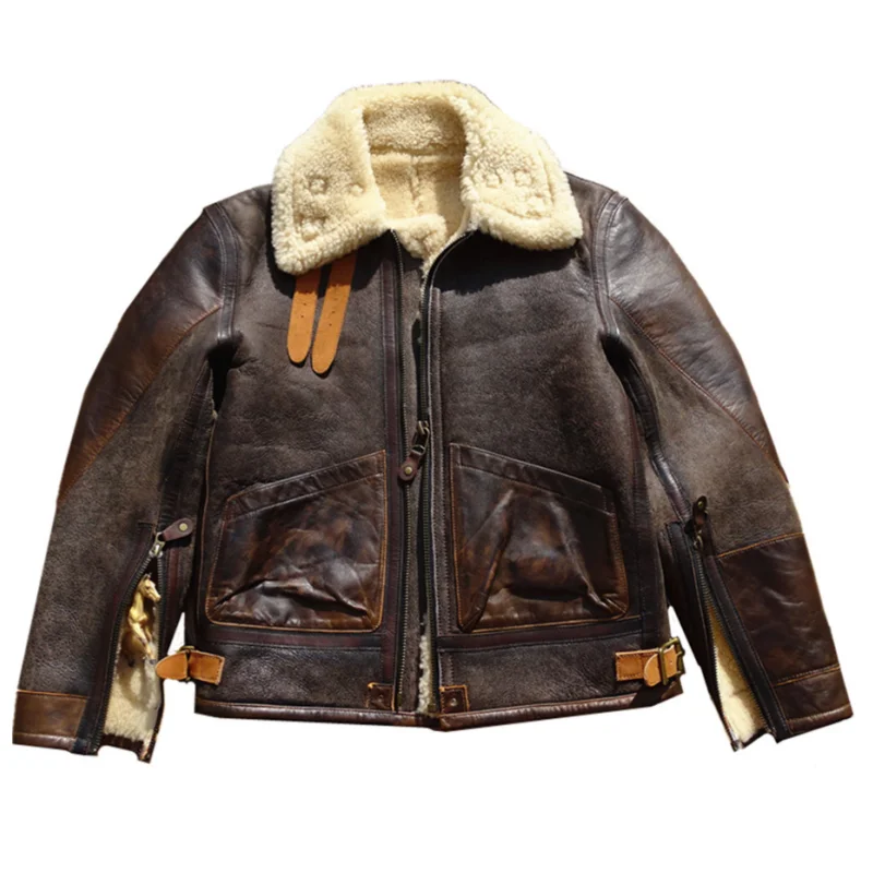 Dark Brown Winter Shearling Jacket Men Patch Vintage Style Plus Size 4XL Genuine Natural Sheepskin Thick Warm Leather Coat