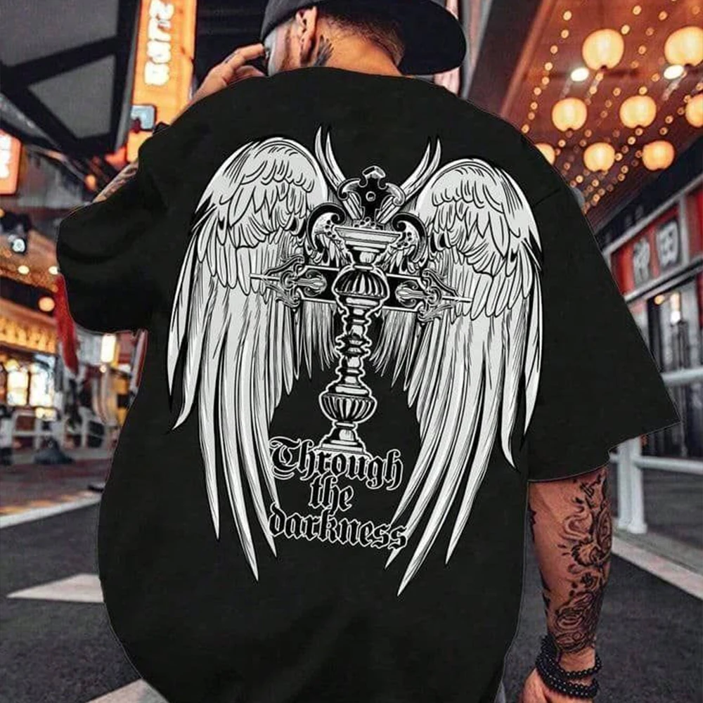 2026 Vintage Gothic Wing Cross Graphic T-Shirt Kids Adults Oversized Crew Neck Short Sleeve Tee Dark Art Back Print Tops