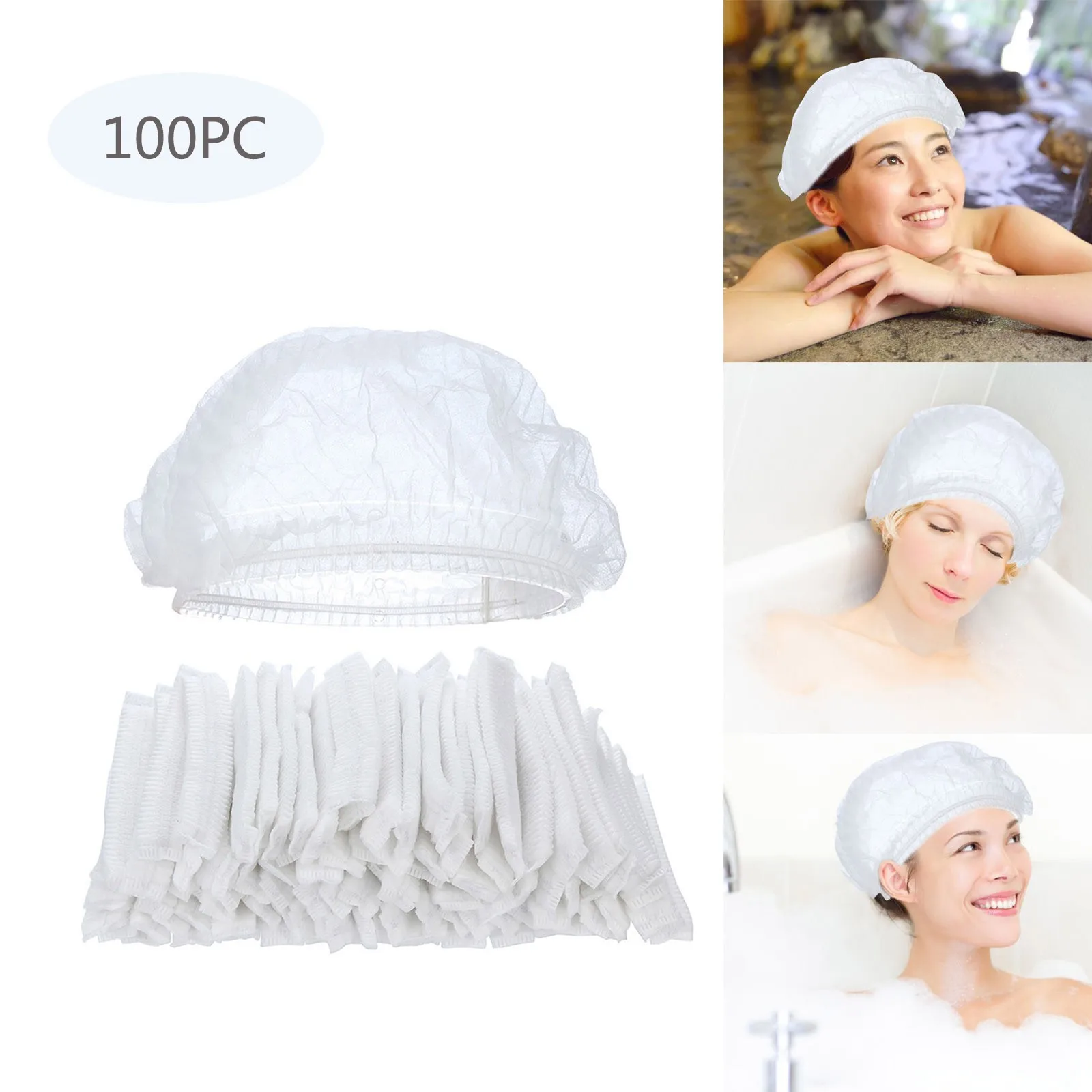 100pcs Disposable Shower Cap Plastic Hair Bath Hat Elastic Women Waterproof Caps For Spa Salon Hotel Hair Dye Bathroom Kitchen