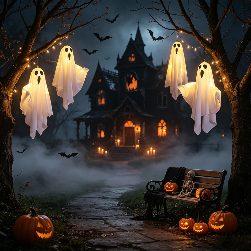 Halloween Decor Hanging Ghost Lamp LED Lighted Ghost Hanging Decor Halloween Party Favor Gift for Home Garden Decor