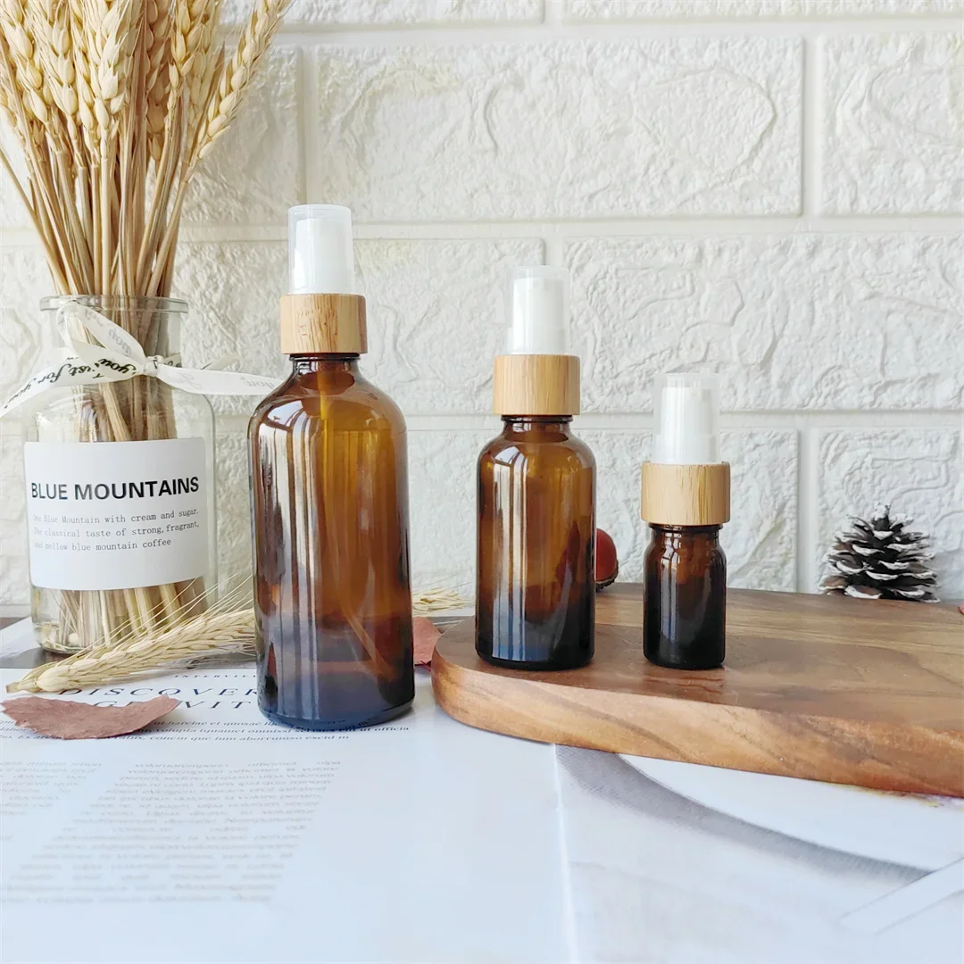 Amber Glass Mist Spray Bottle with Bamboo Fine Mist Sprayer Empty Refillable Lotion Container for Beauty Skin Care Travel Bottle