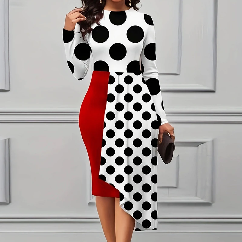 Irregular Splicing Color Mid Dress For Women Spring Fashion Elegant Llong Sleeve Layered Version Independent Ethnic Vestidos
