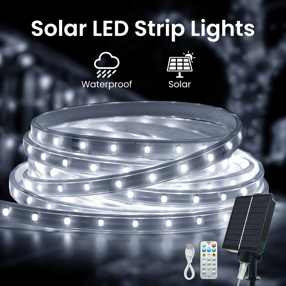 Solar LED Strip Light 3m 5m 10m 15m 20m 30m Warm White RGB 24V 2835 64LED/m Waterproof Flex Strip for Patio Garden Balcony Decor