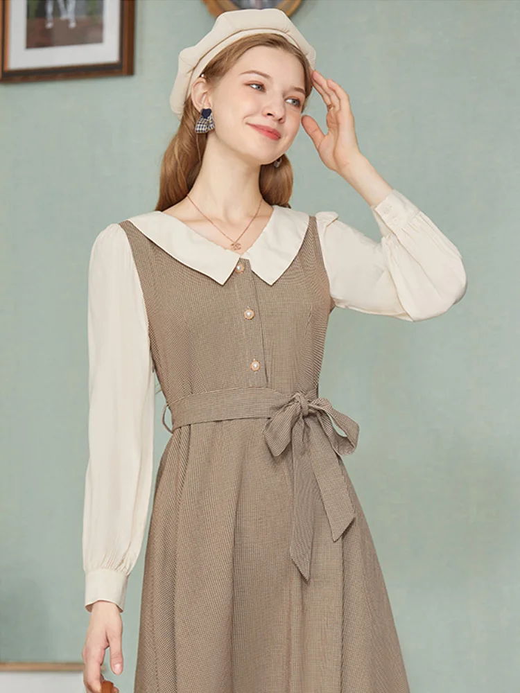 I BELIEVE YOU New Spring 2024 Women Dress Retro Preppy Style Doll Collar Waist Temperament Lace-up Fake Two Dresses VLQ203488B