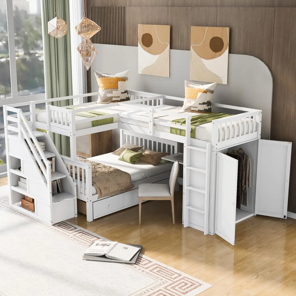 L-Shape Triple Bunk Beds with Stairs and Desk,Twin Over Full Bunk Bed with Storage Wardrobe, Shelves and Drawers,Wood Staircase