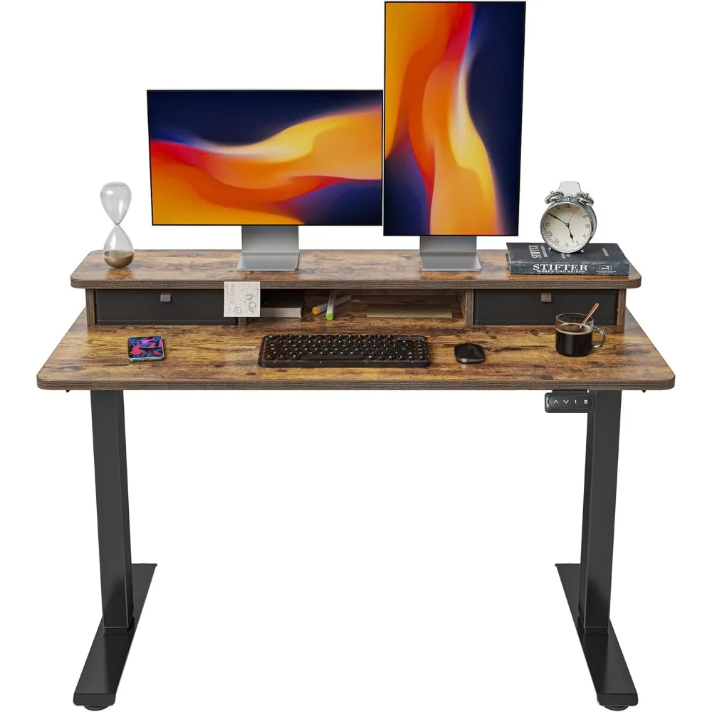 

48 x 24 Inch Height Adjustable Electric Standing Desk with Double Drawer, Stand Up Desk with Storage Shelf, Sit Stand Desk