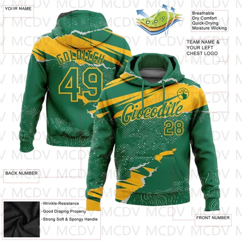 Custom Kelly Green Gold 3D Pattern Design Torn Paper Style Sports Pullover Sweatshirt Hoodie