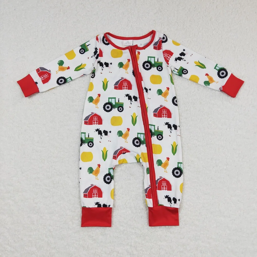 

Wholesale Toddler Farm Boy Romper Clothing Kids One-piece Newborn Coverall Red Bodysuit Zipper Long Sleeves Tractors Jumpsuit